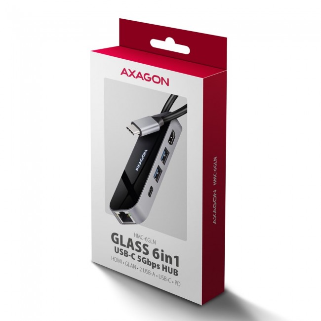 Axagon HMC-6GLN USB 5Gbps hub, 2x USB-A, USB-C, HDMI 4k/60Hz, RJ-45, PD 100W, USB-C cable