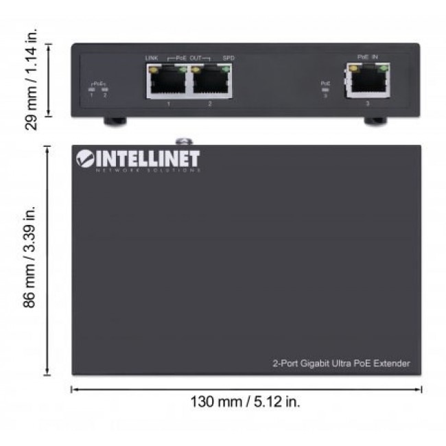 Intellinet 2-Port Gigabit Ultra PoE Extender, Adds up to 100 m (328 ft.) to PoE Range, PoE Power Budget 60 W, Two PSE Ports with 30 W Output Each, IEEE 802.3bt/at/af Compliant, Metal Housing