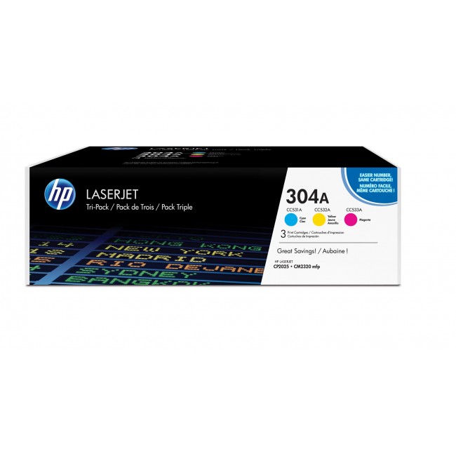 HP 304A 3-pack Cyan/Magenta/Yellow Original LaserJet Toner Cartridges HP 304A 3-pack Cyan/Magenta/Yellow Original LaserJet Toner Cartridges