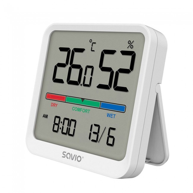 SAVIO Wireless weather station, temperature and humidity sensor, for indoor use, LCD screen, clock, date, handle with magnet, CT-01/W White