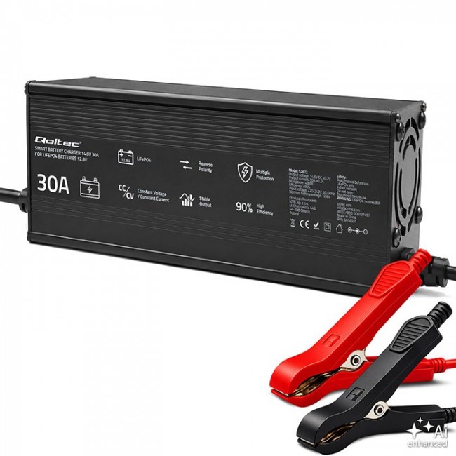 Qoltec Specjalistyczna adowarka do akumulatora LiFePO4 12V | 20A | PF 0.9 | LED | Inteligentne adowanie