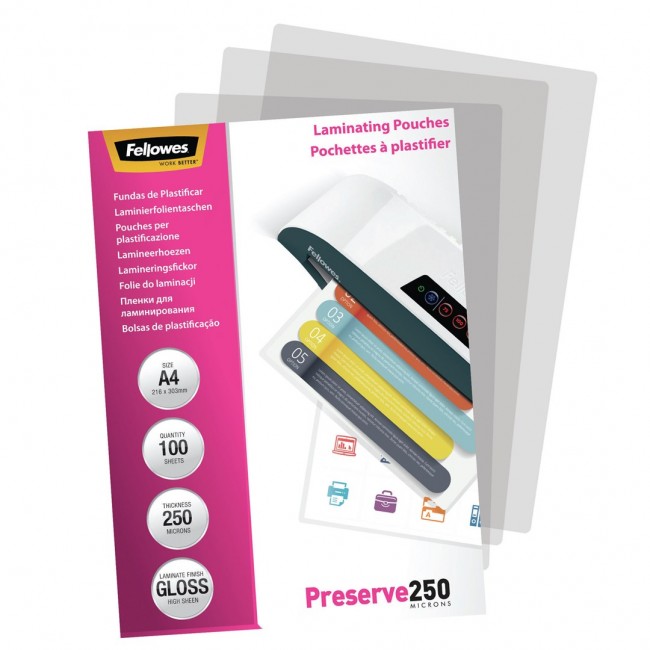 Fellowes A4 Glossy 250 Micron Laminating Pouch - 100 pack Fellowes A4 Glossy 250 Micron Laminating Pouch - 100 pack