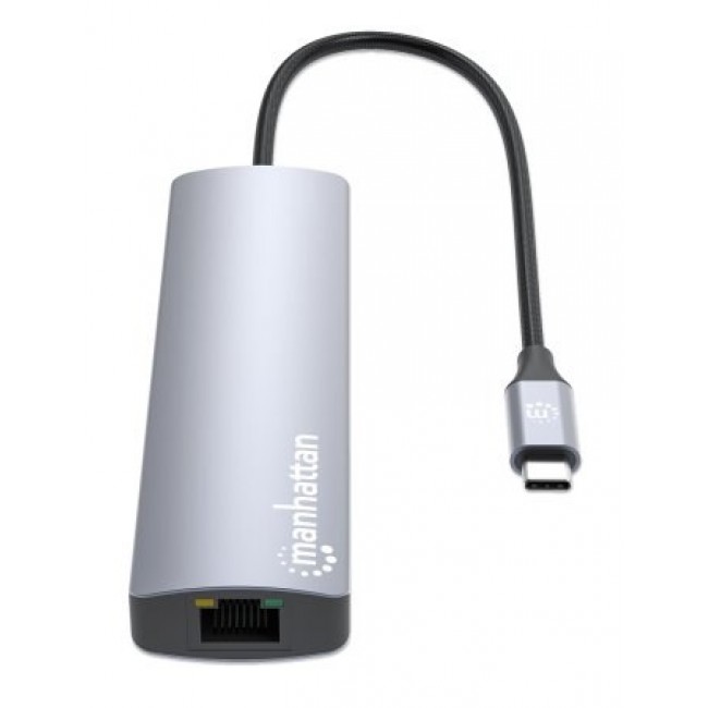 Manhattan USB-C Dock/Hub with Card Reader, Ports (x5): Ethernet, HDMI, USB-A (x2) and USB-C, with Power Delivery (PD) 100W- requires external USB-C charger (not included). USB powered (no external power supply required) when PD is not in use