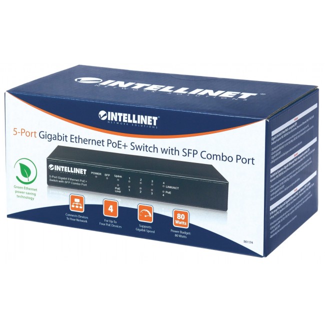 Intellinet 5-Port Gigabit Ethernet PoE+ Switch with SFP Combo Port, 4 x PSE Ports, IEEE 802.3at/af Power over Ethernet (PoE+/PoE) Compliant, 80 W, Desktop (Euro 2-pin plug) Intellinet 5-Port Gigabit Ethernet PoE+ Switch with SFP Combo Port, 4 x PSE Ports, IEEE 802.3at/af Power over Ethernet (PoE+/PoE) Compliant, 80 W, Desktop (Euro 2-pin plug)