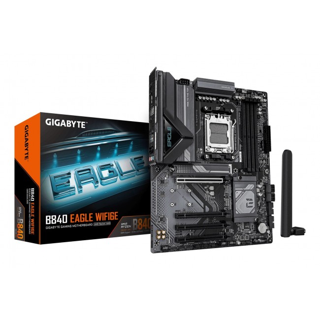 GIGABYTE B840 EAGLE WIFI6E Motherboard - AMD Ryzen 9000 CPUs, 8+2+2 Phases VRM, up to 8200MHz DDR5(O.C), 2xPCIe 4.0 + 1xPCIe 3.0 M.2, Wi-Fi 6E, 2.5GbE LAN, USB 3.2 Gen 2