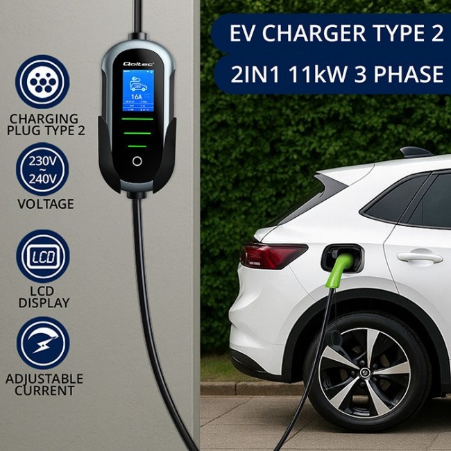 Qoltec 52436 Mobile EV Electric Car Charger with 2-in-1 Type 2 Adjustment | 11kW | 400V | Wi-fi | TUYA | SMART LIFE | LCD | Portable | 5m