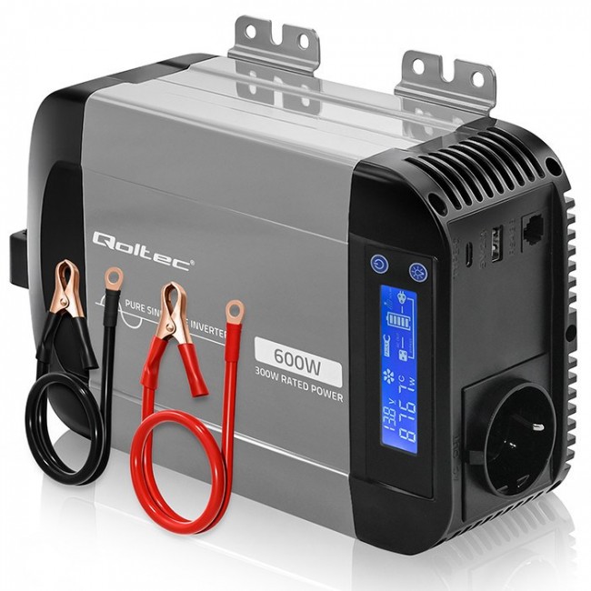 Qoltec Przetwornica napięcia Pure Sine Wave | 12V na 230V | 300/600W | LCD | USB | USB-C | Kompatybilna z LiFePO4 GEL AGM Qoltec Przetwornica napięcia Pure Sine Wave | 12V na 230V | 300/600W | LCD | USB | USB-C | Kompatybilna z LiFePO4 GEL AGM