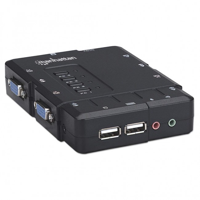 Manhattan KVM Switch Compact 4-Port, 4x USB-A, Cables included, Audio Support, Control 4x computers from one pc/mouse/screen, Black, Lifetime Warranty, Boxed