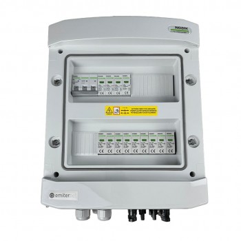 Switchgear attached DCAC hermetic IP65 EMITTER with Noark 1000V type 2 DC surge arrester, 3 x PV string, 3 x MPPT // og. AC Noark Type 2, 63A 3-F