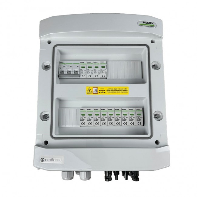 Switchgear attached DCAC hermetic IP65 EMITTER with Noark 1000V type 2 DC surge arrester, 3 x PV string, 3 x MPPT // og. AC Noark Type 2, 63A 3-F