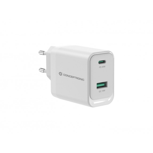 Conceptronic ALTHEA20W45 2-Port 45W GaN USB PD Charger, USB-C x 1, USB-A x 1, QC 3.0, PPS, PD 3.0