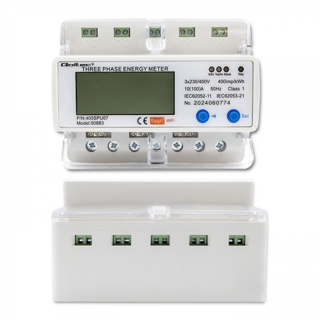 Qoltec 50883 Three phase electronic energy consumption meter for DIN rail | Wi-Fi | TUYA | 400V | LCD Qoltec 50883 Three phase electronic energy consumption meter for DIN rail | Wi-Fi | TUYA | 400V | LCD
