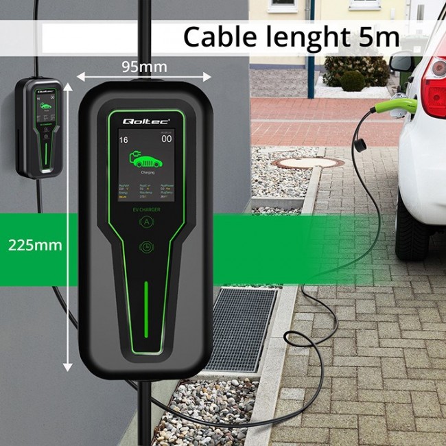 Qoltec Mobile EV Car Charger Adjustable 2in1 Type2 | 11kW | 3 Phases | CEE 5 PIN| LCD |Portable | Wallbox | 5m
