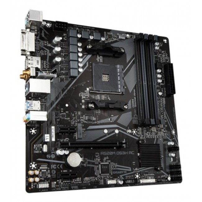 GIGABYTE A520M DS3H AC Motherboard - AMD Ryzen 5000 Series CPUs, 5+3 Phases VRM, up to 4733MHz DDR5 (OC), 1xPCIe 3.0 M.2, GbE LAN, WIFI 5, USB 3.2 Gen 1