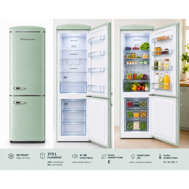 Ravanson LKK-315RM Retro Fridge 597 mm x 707 mm x 1943 mm | 315 l | Total No Frost | Energy Class E | mint
