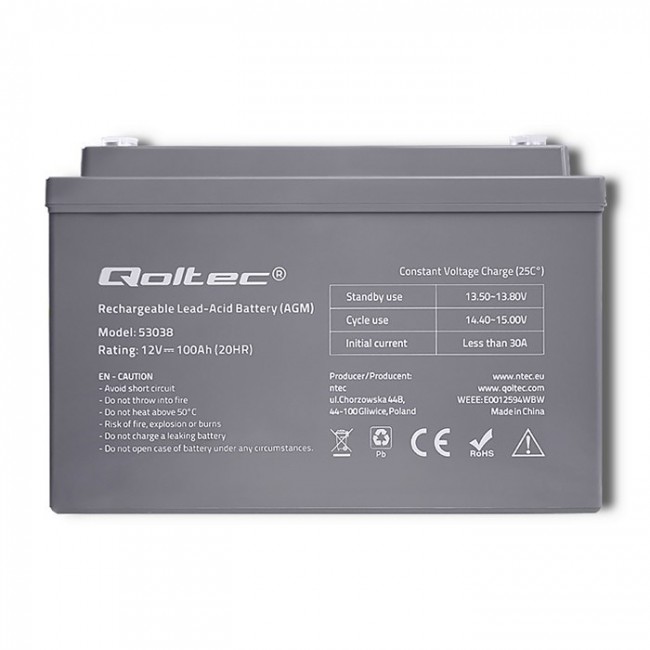 Qoltec 53038 AGM battery | 12V | 100Ah | max 1200A