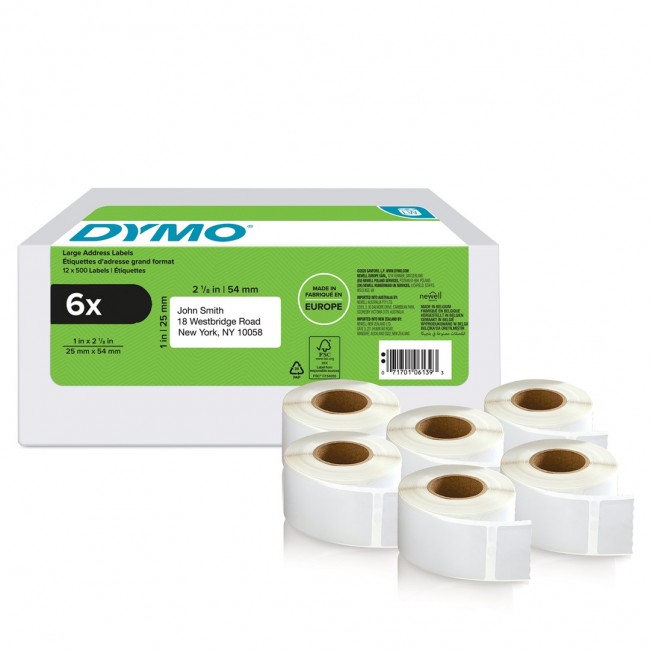 DYMO Authentic LabelWriter Return Address Labels | 25 mm x 54 mm | Self-Adhesive | 6 Rolls of 500 Easy-Peel Labels (3,000 Count) | for LabelWriter Label Makers | Made in Europe