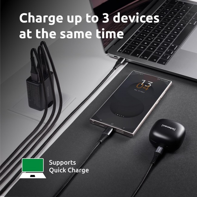 Intenso Power Adapter W65ACC, USB power adapter with 1 USB-A and 2 USB-C ports, black