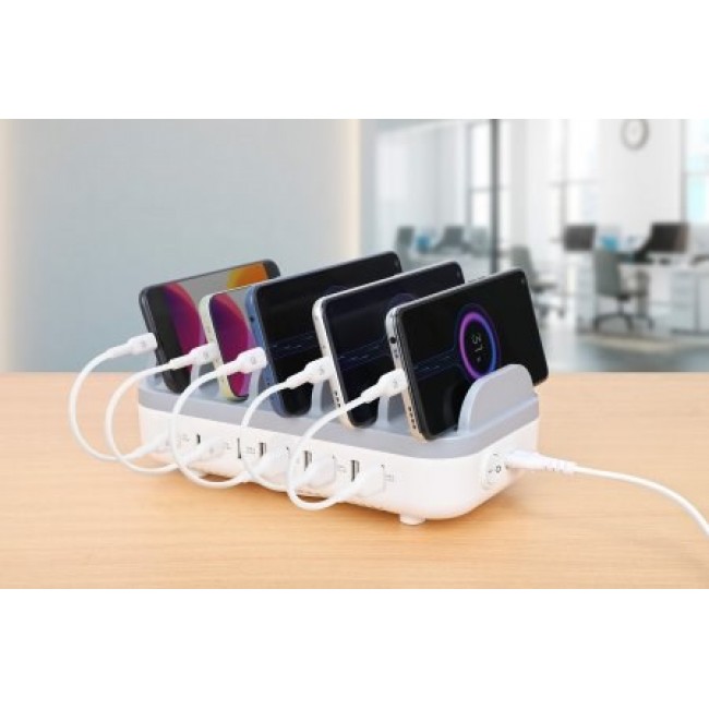 Manhattan Charging Station, 10x Ports: 3x USB-C (up to 18W PD) and 7x USB-A (up to 12W), 120W Total Output, White/Grey, Three Year Warranty Manhattan Charging Station, 10x Ports: 3x USB-C (up to 18W PD) and 7x USB-A (up to 12W), 120W Total Output, White/Grey, Three Year Warranty