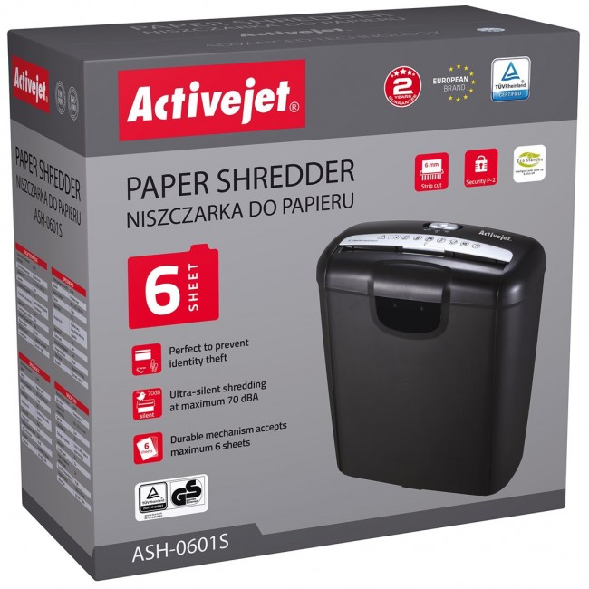 Activejet ASH-0601S shredder, P-2, 10 l, 6 mm shreds, 6 sheets, black. Activejet ASH-0601S shredder, P-2, 10 l, 6 mm shreds, 6 sheets, black.