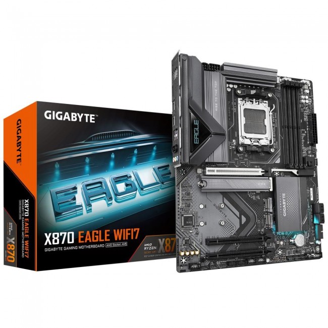 GIGABYTE X870 EAGLE WIFI7 Motherboard - Supports AMD Ryzen 9000 CPUs, 14+2+2 phases VRM, up to 8000MHz DDR5 (OC), 1xPCIe 5.0 + 2xPCIe 4.0, Wi-Fi 7, 2.5GbE LAN, USB 4 GIGABYTE X870 EAGLE WIFI7 Motherboard - Supports AMD Ryzen 9000 CPUs, 14+2+2 phases VRM, up to 8000MHz DDR5 (OC), 1xPCIe 5.0 + 2xPCIe 4.0, Wi-Fi 7, 2.5GbE LAN, USB 4