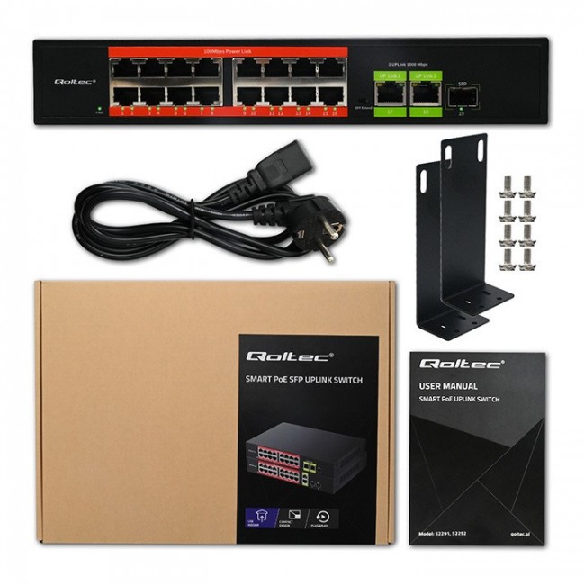 Qoltec Prze ącznik sieciowy SWITCH Fast Ethernet PoE | 16x RJ45 10/100 Mb/s | 2x RJ45 Uplink 1000 Mb/s | 1x SFP 1000 Mb/s