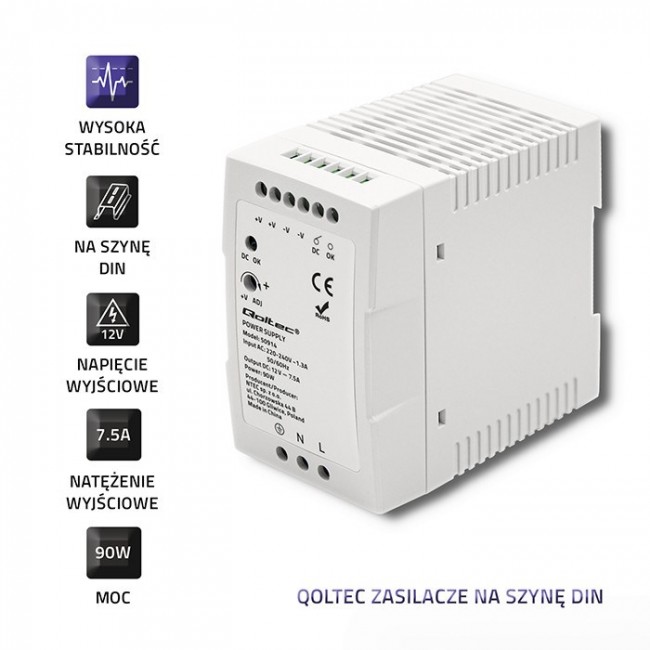 Qoltec 50914 DIN rail power supply | 90W | 12V | 7.5A | White | Slim Qoltec 50914 DIN rail power supply | 90W | 12V | 7.5A | White | Slim
