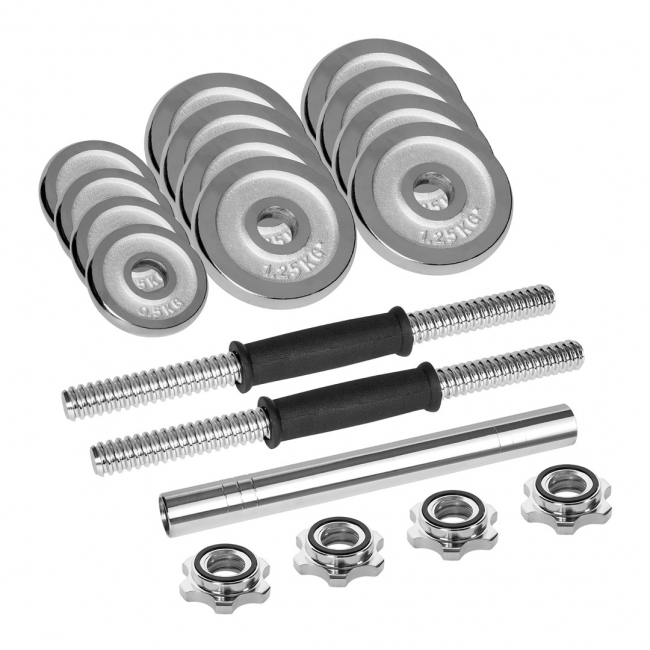 REBEL ACTIVE Chrome Adjustable Dumbbells in a Case 15 kg with Barbell