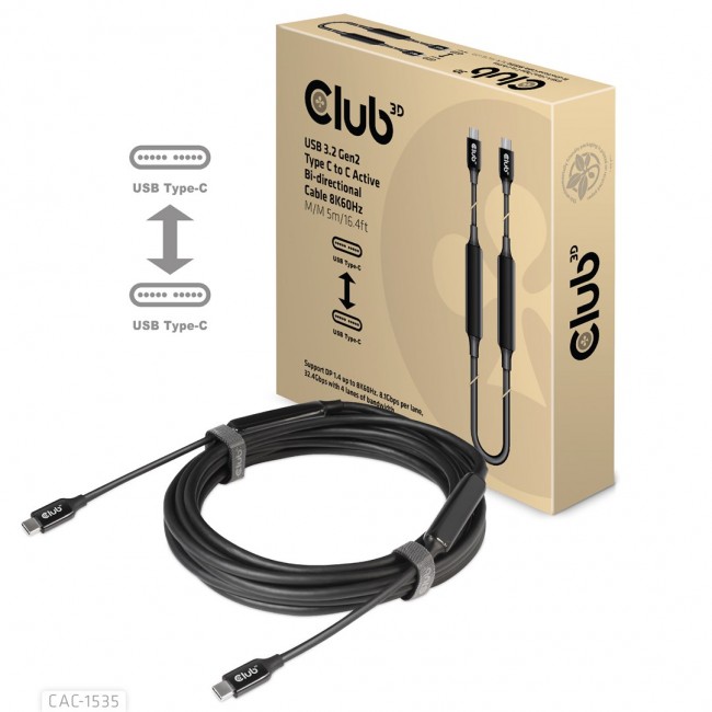 CLUB3D USB 3.2 Gen2 Type C to C Active Bi-directional Cable 8K60Hz M/M 5m/16.4ft CLUB3D USB 3.2 Gen2 Type C to C Active Bi-directional Cable 8K60Hz M/M 5m/16.4ft