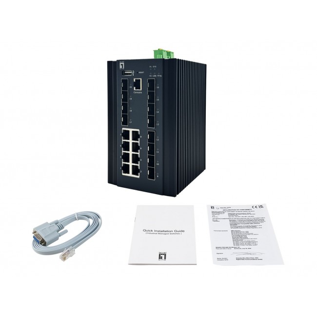 LevelOne 20-Port L2 Plus Managed Industrial Switch, 8 x 1GbE RJ45, 8 x 1GbE SFP, 4 x 1/2.5/10GbE SFP+, DIN-Rail, -40 C to 80 C