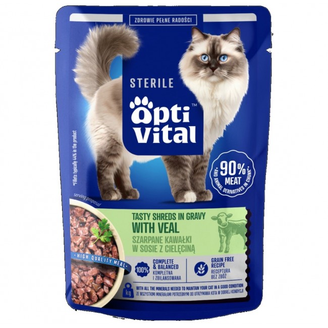 OPTIVITAL Sterile Tasty shreds in gravy with veal - wet cat food - 85g