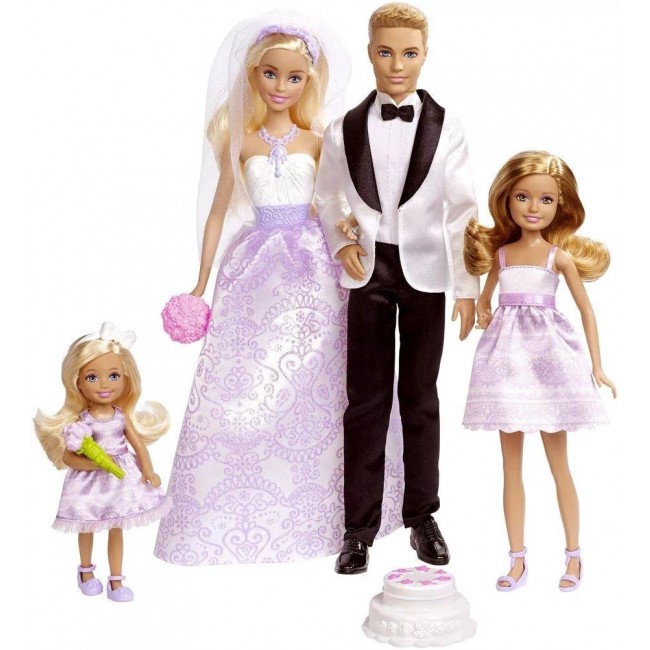 Barbie Wedding Gift Set with 4 Dolls & 5 Accessories, Bridal Party with Bouquets & Cake