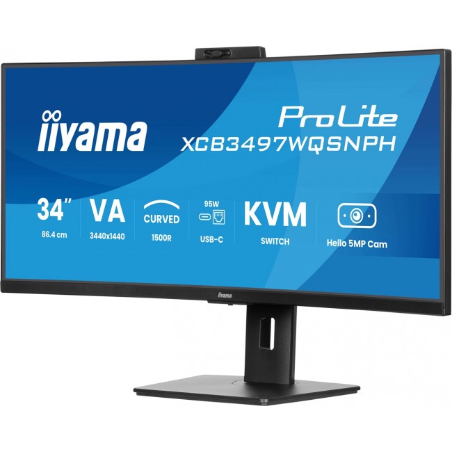iiyama ProLite 34 VA UWQHD curved monitor with a built-in Windows Hello camera and microphone, USB-C Dock, LAN, KVM-Switch and 15cm height adjustable stand