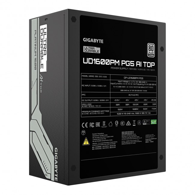 GIGABYTE UD1600PM PG5 AI TOP Power Supply - PCIe 5.0, 80 PLUS Platinum, Fully Modular Design, 120mm Fan, ATX 3.1 compatible, EU Plug GIGABYTE UD1600PM PG5 AI TOP Power Supply - PCIe 5.0, 80 PLUS Platinum, Fully Modular Design, 120mm Fan, ATX 3.1 compatible, EU Plug