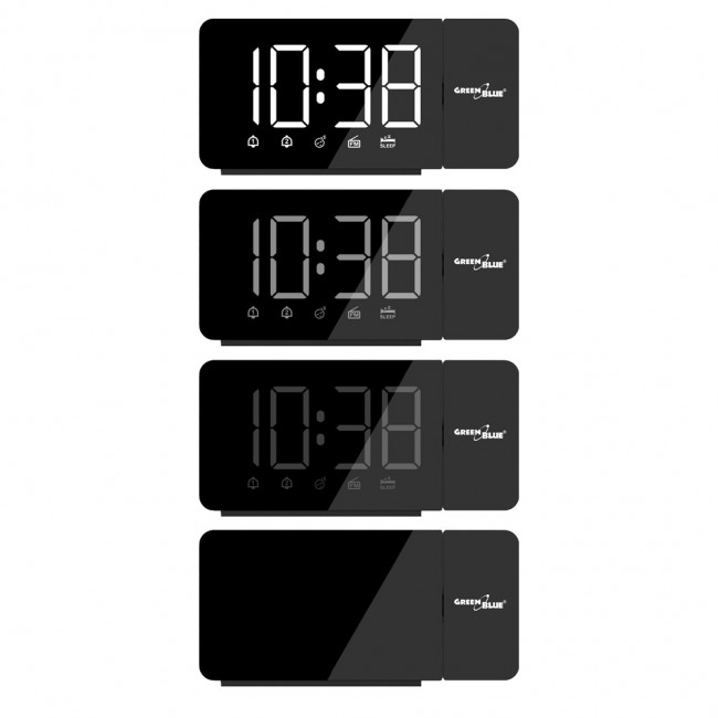 Digital LED clock radio with GreenBlue projector, FM radio, alarm, 12/24 clock, 5V DC USB power supply + CR2032, GB172