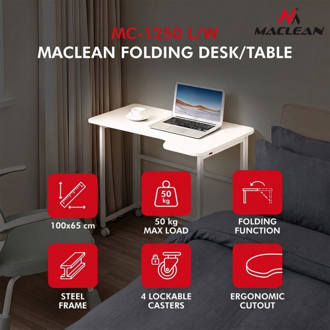 Maclean Folding Desk, White, Mobile, 100x65 cm, max. 50 kg, Corner, L-Shaped, MC-1250 L/W