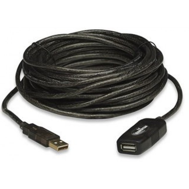 Manhattan USB-A to USB-A Extension Cable, 10m, Male to Female, Active, 480 Mbps (USB 2.0), Daisy-Chainable, Built In Repeater, Hi-Speed USB, Black, Three Year Warranty, Equivalent to USB2AAEXT10M.