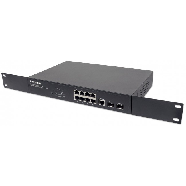 Intellinet 8-Port Gigabit Ethernet PoE+ Web-Managed Switch with 2 SFP Ports, IEEE 802.3at/af Power over Ethernet (PoE+/PoE) Compliant, 140 W, Endspan, Desktop, 19