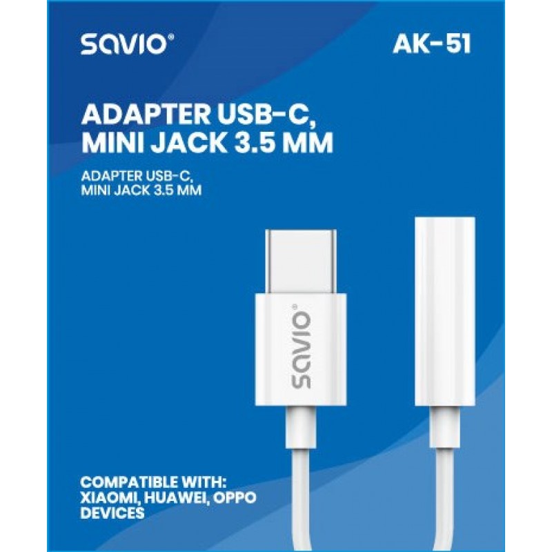 USB Type 3.1 C (M) Jack 3.5mm (F) Audio adapter White SAVIO AK-51