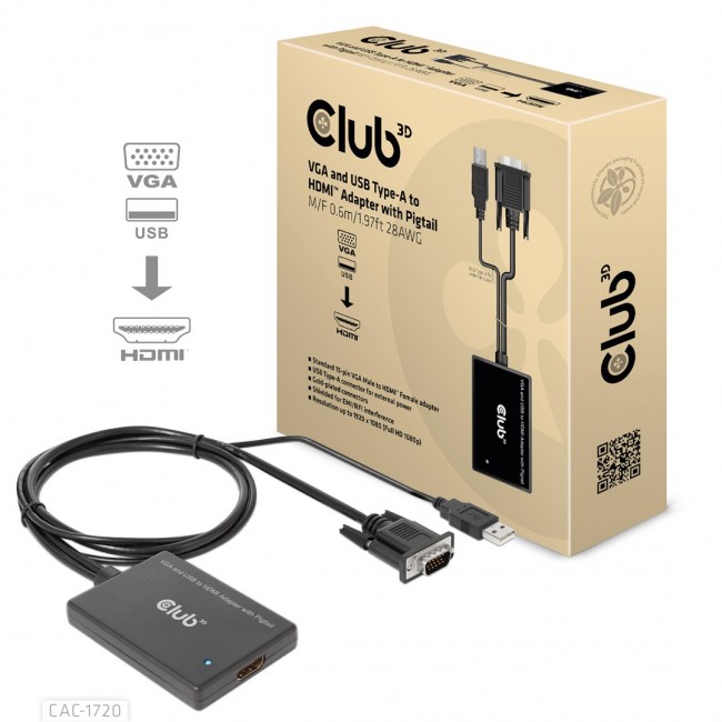 CLUB3D VGA and USB Type-A to HDMI Adapter with Pigtail M/F 0.6m/1.97ft 28AWG CLUB3D VGA and USB Type-A to HDMI Adapter with Pigtail M/F 0.6m/1.97ft 28AWG