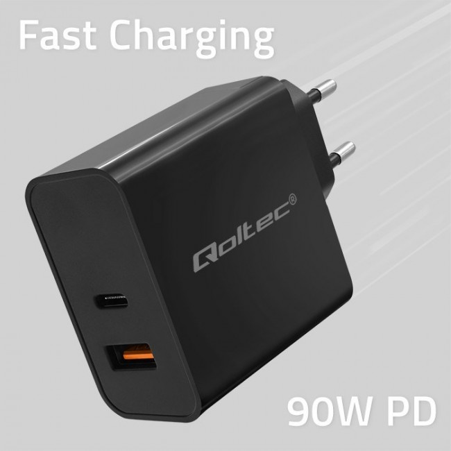 Qoltec Super Quick PD Charger | 1xUSB-C | 1xUSB | 90W | 5-20V | 2.4-4.35A | Black