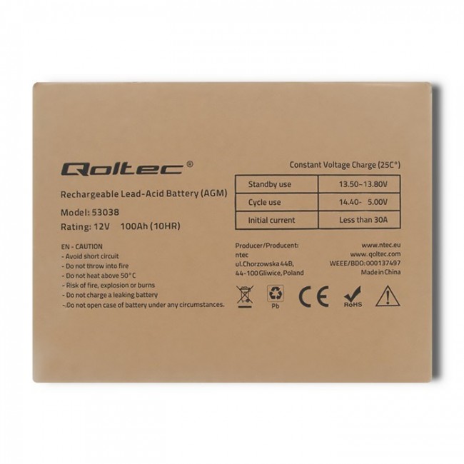 Qoltec 53038 AGM battery | 12V | 100Ah | max 1200A