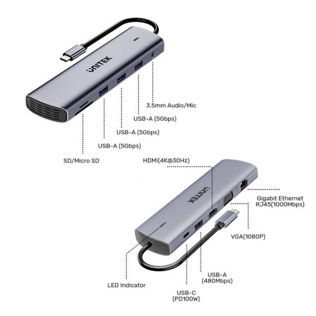 UNITEK D1113BGY01 interface hub 2 x USB 3.2 Gen 2 (3.1 Gen 2) Type-C 1000 Mbit/s Grey