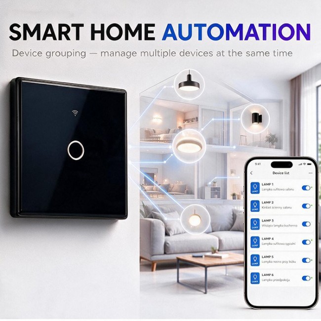 Qoltec 52711 Smart Touch 1-Gang Light Switch | Wi-Fi | Timer | Tuya | Smart Life | Tempered Glass | Black
