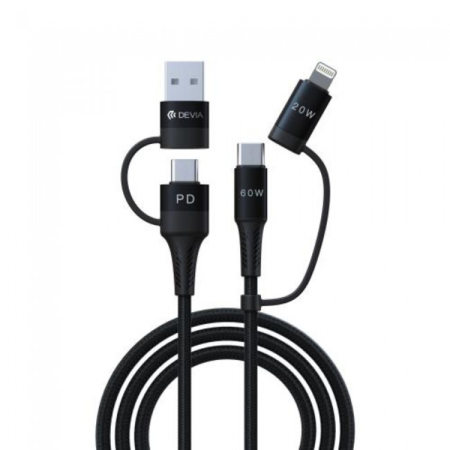 Καλώδιο Σύνδεσης USB 2.0 4in1 Braided Devia EC504 USB C σε USB A & USB C & Lightning PD 60W 1.5m Extreme Μαύρο