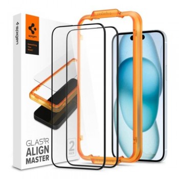 Tempered Glass Full Face Spigen Glas.tR Align Master Apple iPhone 15 Μαύρο (2 τεμ.)