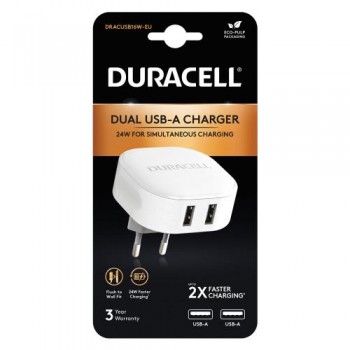 Φορτιστής Ταξιδίου Duracell 24W με Διπλή Έξοδο USB A 4.8A Λευκό