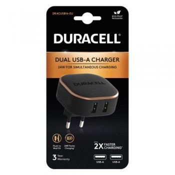 Φορτιστής Ταξιδίου Duracell 24W με Διπλή Έξοδο USB A 4.8A Μαύρο