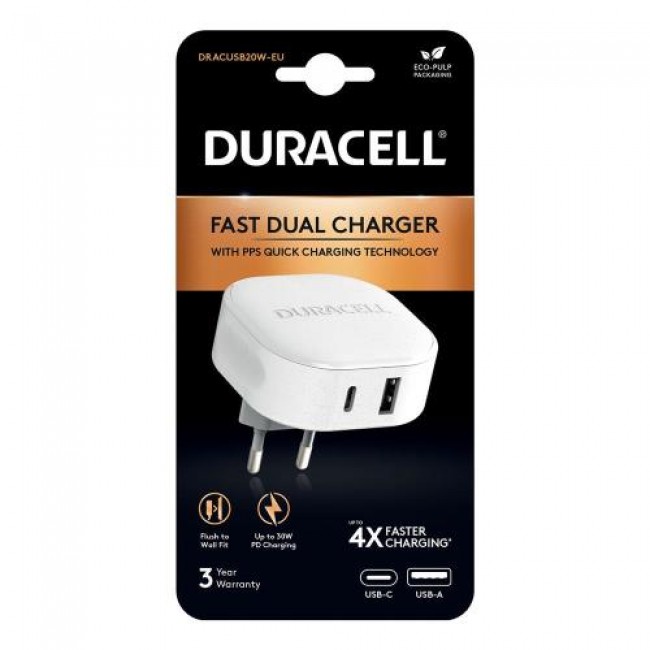 Φορτιστής Ταξιδίου Ταχείας Φόρτισης Duracell PD 30W με Έξοδο USB A & Έξοδο USB C Λευκό