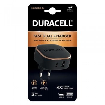 Φορτιστής Ταξιδίου Ταχείας Φόρτισης Duracell PD 30W με Έξοδο USB A & Έξοδο USB C Μαύρο